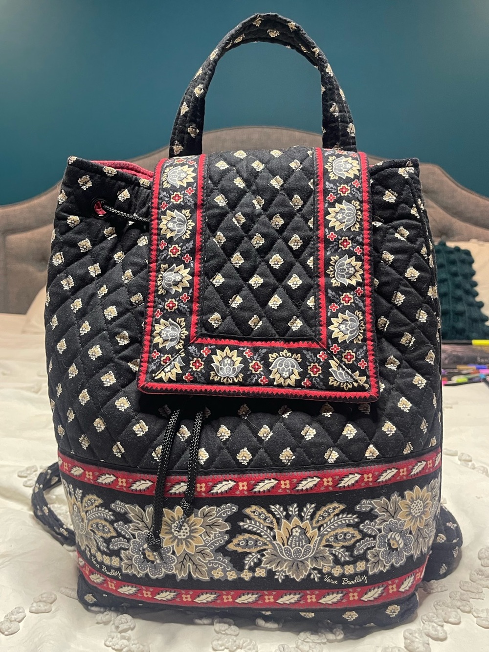 Vera Bradley Vintage Provencal Quilted Drawstring Backpack Black Floral Cotton